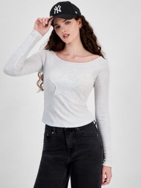 Just Polly Juniors' Star-Patch Rib-Knit Top - Light Heather Grey SIZE L NWT